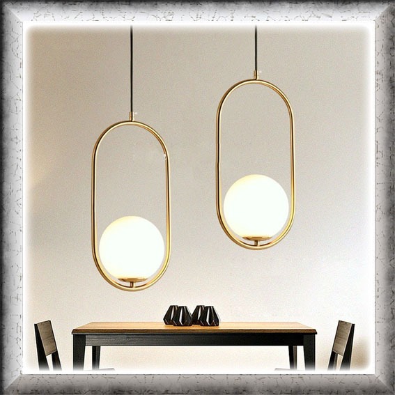 Lampu hias gantung premium MODERN GOLD OVAL kaca putih susu pendant light living dining table office