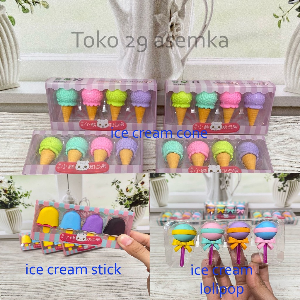 

PENGHAPUS MINIATUR ICE CREAM 1 SET ISI 4 PCS ERASER SETIP STIP HAPUSAN ES KRIM CONE STICK LOLIPOP