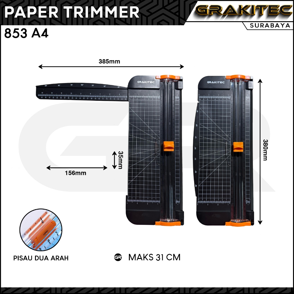 

Alat Pemotong Kertas A4 / A3 Vertikal / Paper Cutter / Paper Trimmer 853 A4 GRAKITEC Maks 31 CM