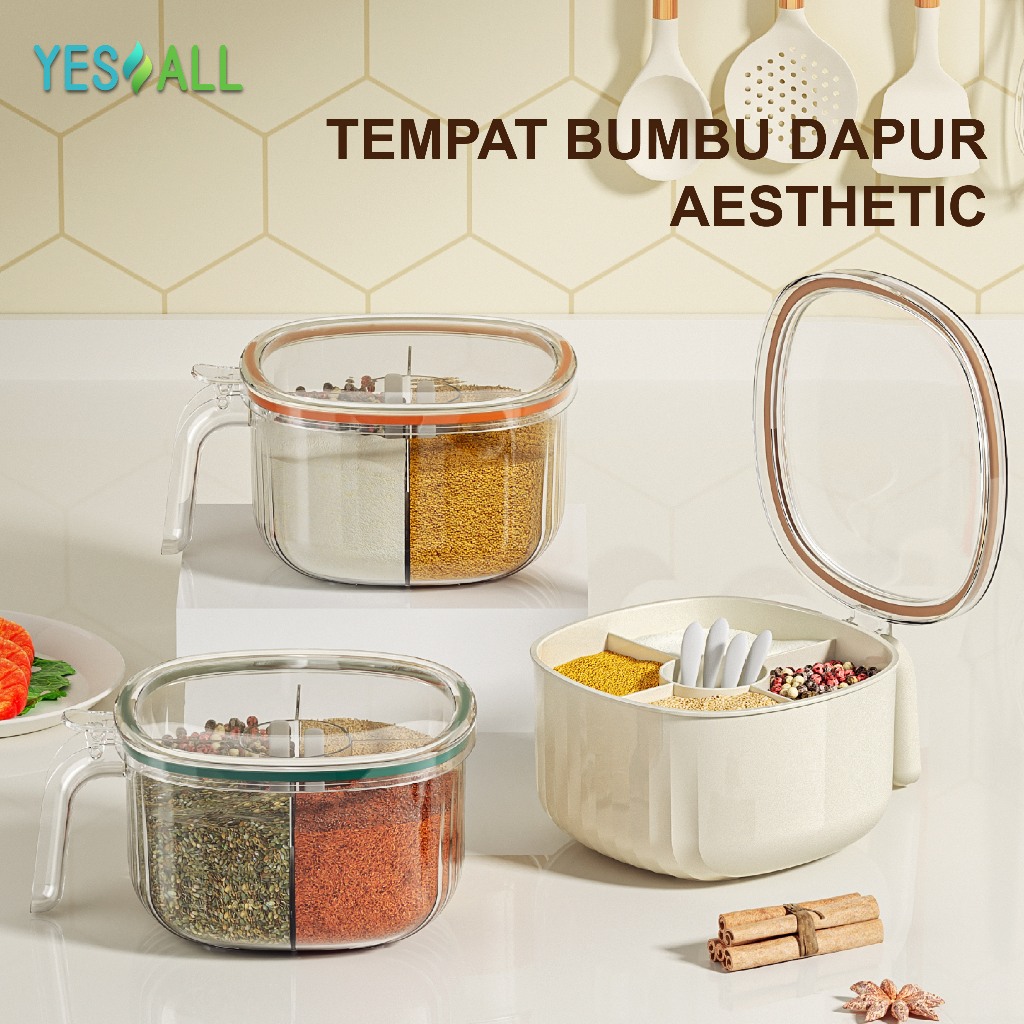 YESALL Tempat Bumbu Dapur set 4 in 1 Free Sendok Aesthetic Wadah Toples Bumbu Dapur 4 Sekat Tempat K