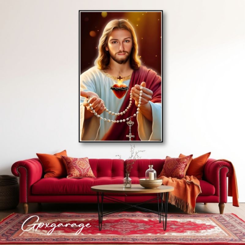 Cetak poster tuhan Yesus dan kalung salib  Rosario dekorasi hiasan dinding kamar ruang tamu aestheti