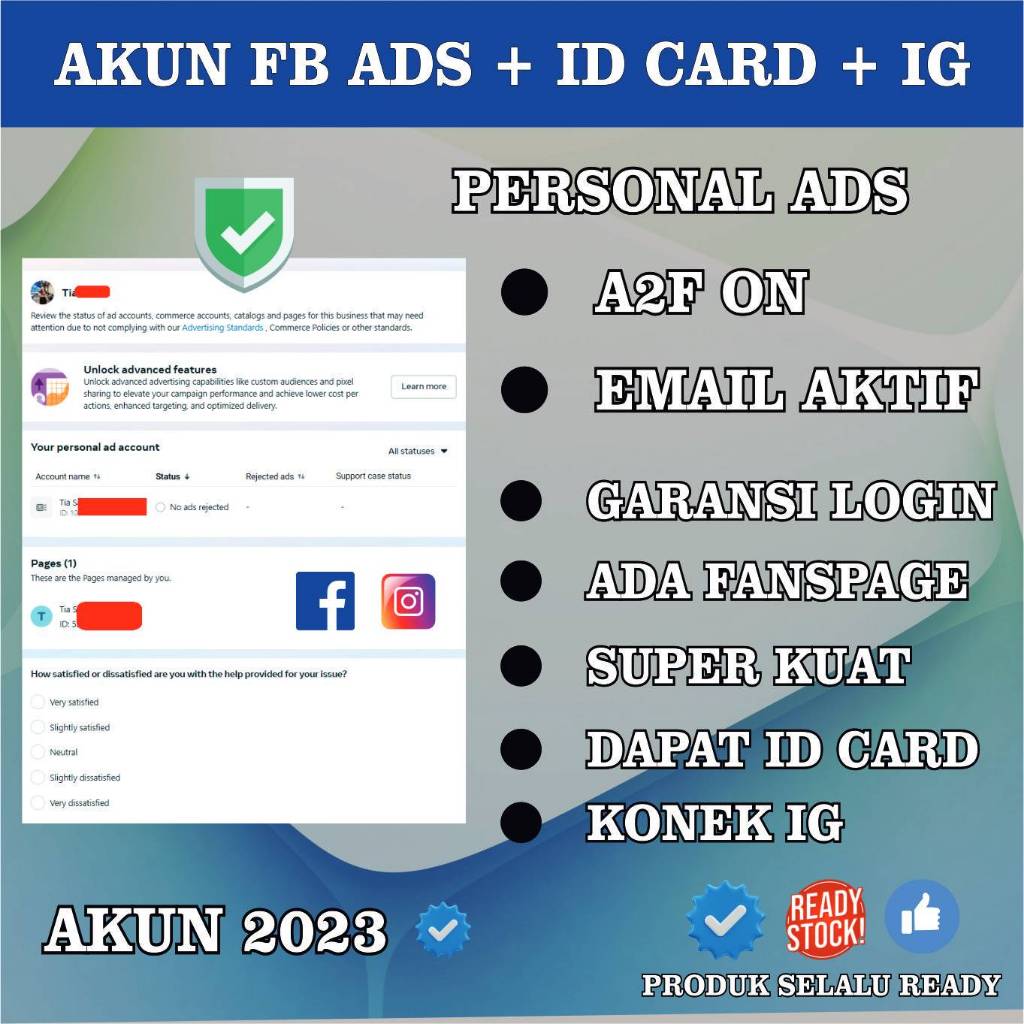 FB Ads Personal + Akun Tua + ID CARD + Banding 1X + IG + Sudah Berhalaman, A2F ON Dan Email Aktif