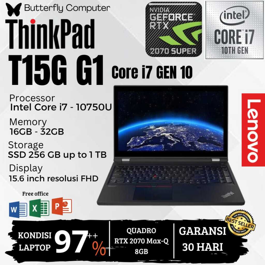 Laptop Lenovo ThinkPad T15G G1 workstation Core i7 Gen 10 - RAM 32GB SSD 1TB - QUADRO RTX 2070 MAX-Q