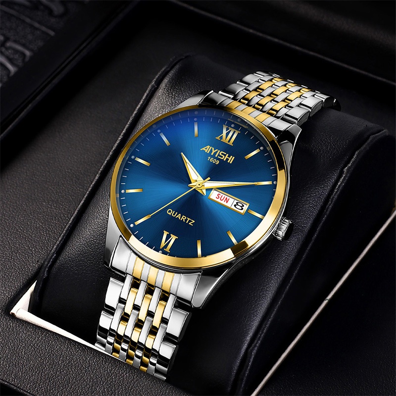AIYISHI Original Brand Jam Tangan Pria Luminous Stainless Steel Jam Tangan Pria Bisnis Emas Biru Mod