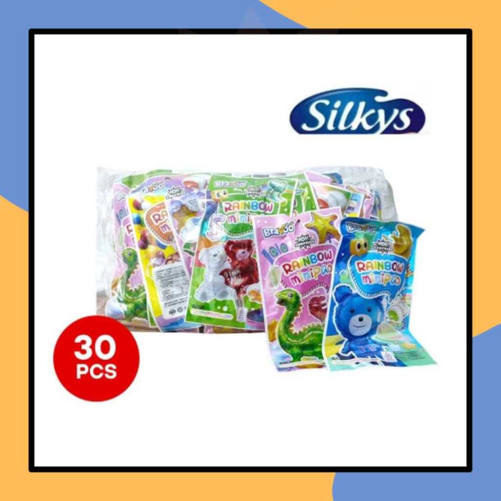 

Silkys Rainbow MiniPao Marhmallow (4gr x 30pcs) Permen Mallow Kenyal Rasa Aneka Buah Kemasan Sachet