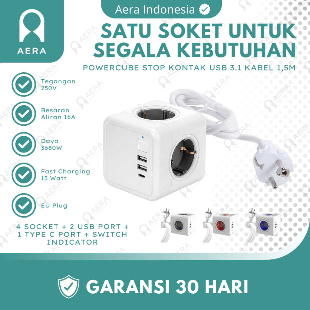 POWERCUBE STOP KONTAK LISTRIK | STOP KONTAK KABEL | POWERCUBE SOCKET USB 3.1 KABEL 1.5 - POWER CUBE 