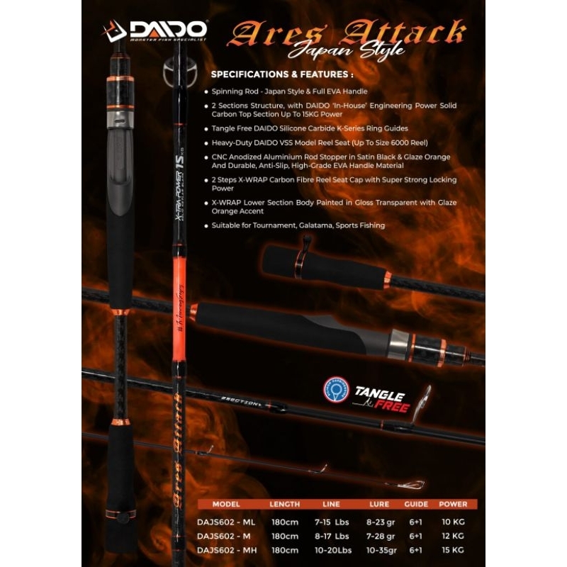 Joran Pancing DAIDO ARES ATTACK Japan Style 602/180cm (8-17Lb) - 602/180cm (10-20Lb)