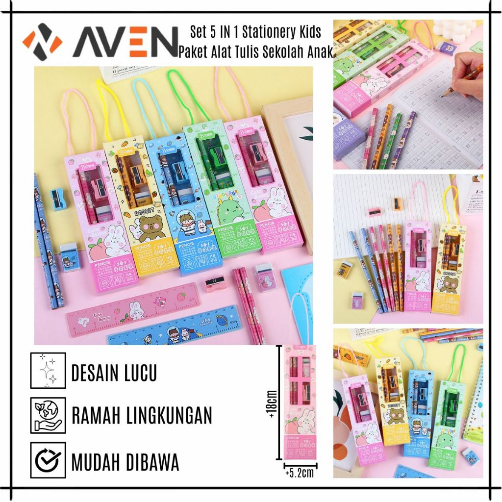 

AVEN Pensil Set 5IN1 Stationery Kids/Paket Alat Tulis Sekolah Anak/School Supplies Gift Eraser Ruler