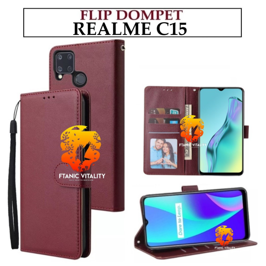 FLIP LEATHER CASING REALME C15 CASE KULIT FLIP WALLET LEATHER DOMPET KULIT PREMIUM SARUNG BUKA TUTUP