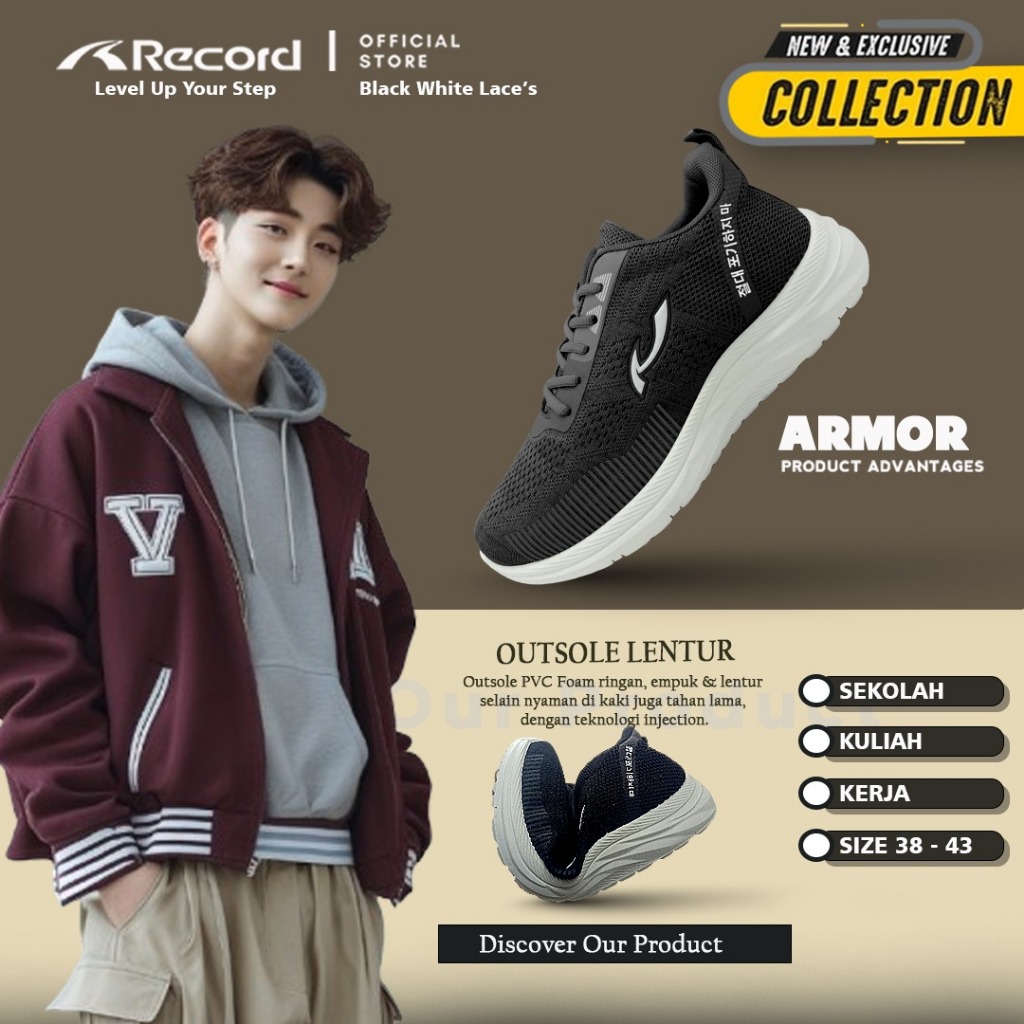 RECORD ARMOR SEPATU SEKOLAH ANAK SMP SMA KERJA REMAJA/PRIA HITAM/PUTIH FASHION/KASUAL/OLAHRAGA 39-43