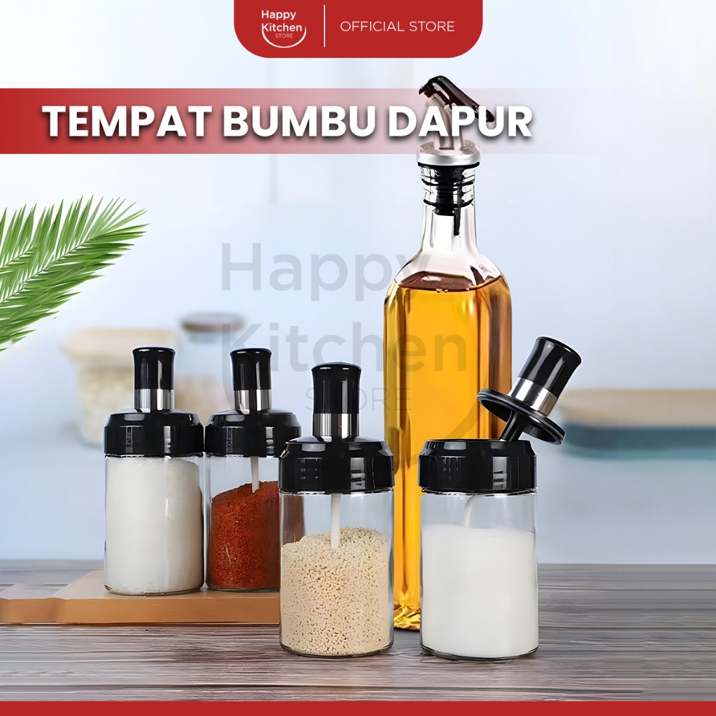 Happy Kitchen Botol Bumbu Kaca Toples Bumbu Dapur Dengan Tutup Set Tempat Peyimpanan Bumbu Minimalis