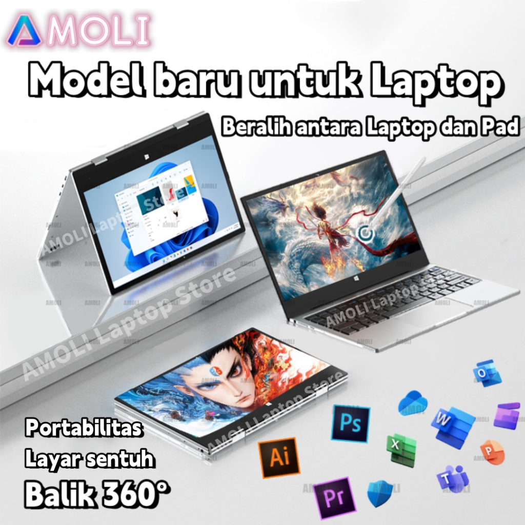 「AMOLI」2025 New Laptop layar sentuh flip 360 ° derajat 11,6” inci / 13,3” inci IPS RAM 8GB + 256GB S