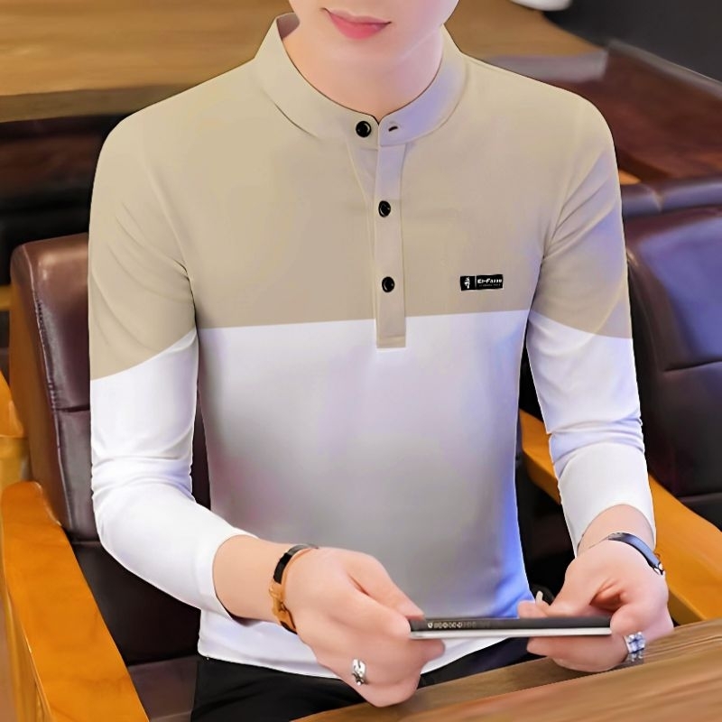 Spesial Kaos Polo Pria Kombinasi Berkerah Model Korea Lengan Panjang Bahan Premium