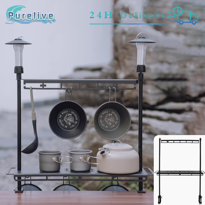 Dua Lapis Rak Meja Camping Outdoor Rak Meja Lipat Outdoor Dengan Kait Lentera