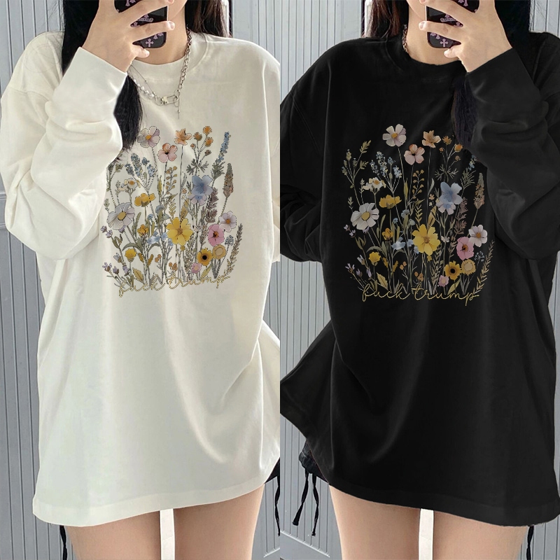 Kaos Oversize Lengan Panjang Wanita Floral Prints/Baju Kaos Lengan Panjang Wanita Terbaru Kekinian B