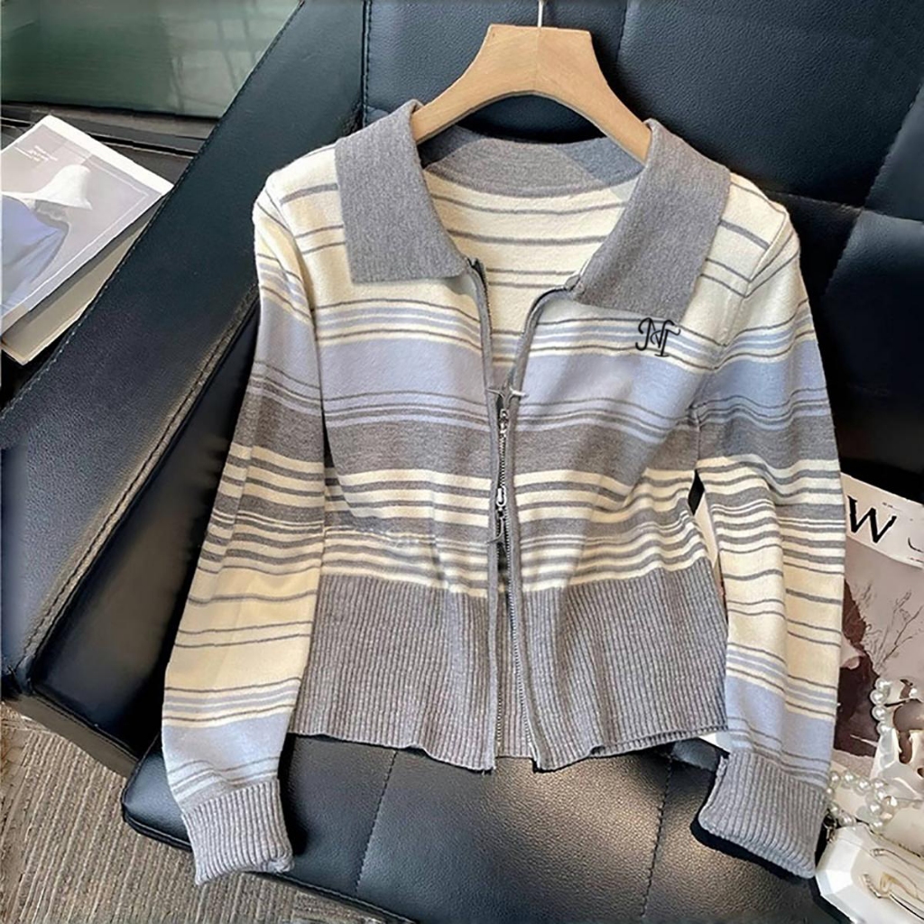 Kardigan Rajutan Warna Kontras Kerah Polo Ritsleting Ganda Sweater Biru Abu-abu Wanita Gaya Korea