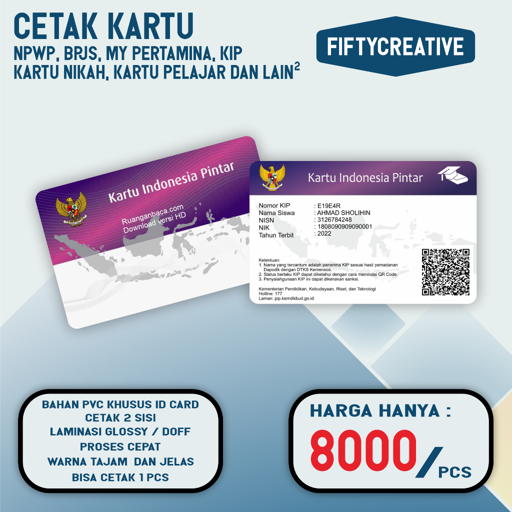 

Cetak kartu KIP Kartu Indonesia Pintar Bahan PVC Tebal, Laminasi Tahan Gores dan Tahan Air