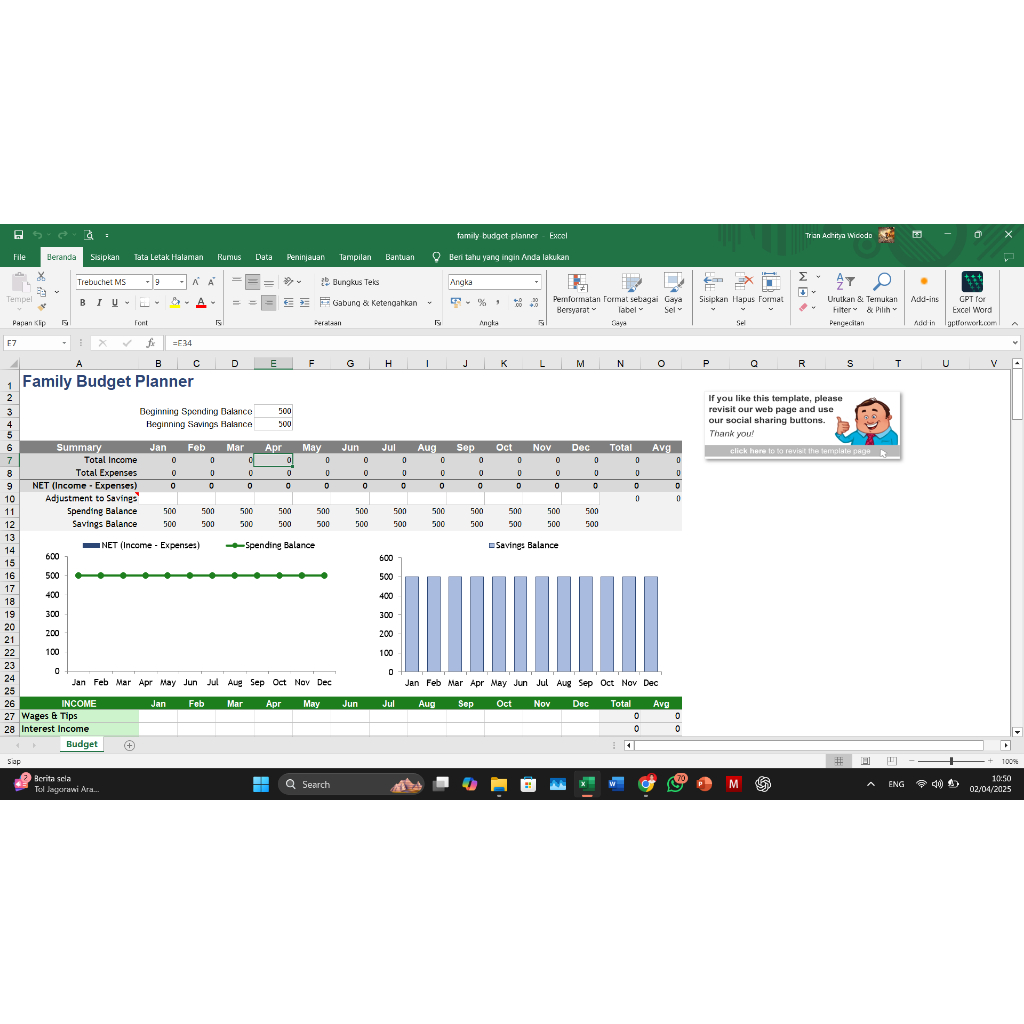 Template Ms. Excel Family Budget Planner