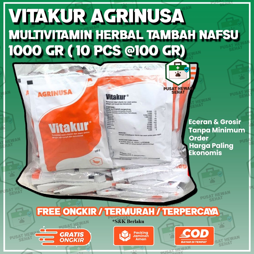 VITAKUR AGRINUSA 1 PACK 1000 GR (100GR&250GR) - Multivitamin Herbal Penambah Nafsu Makan & BB Ayam