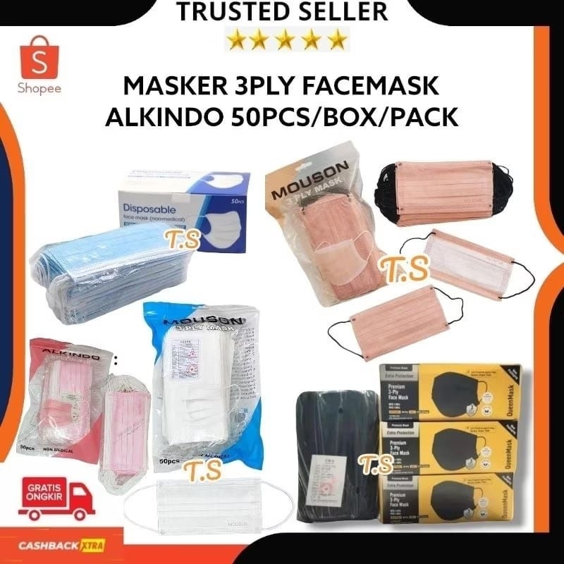 MASKER MOUSON / FACEMASK / ALKINDO 3PLY ISI 50 PCS TERMURAH WARNA NUDE PINK HITAM