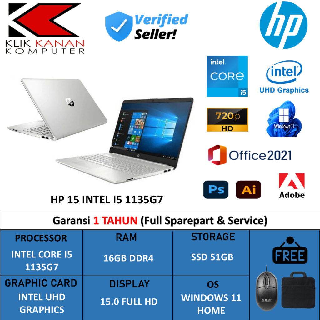 Laptop Kantor Murah Hp 15 Intel I5 1135G7 16GB 512GB 15.6 Win 11 Home Silver