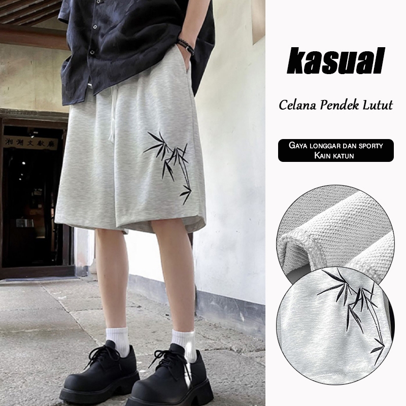 celana pendek kasual pria Fashion Celana Pendek Katun Unisex Celana Pendek Bordir Cina Vintage Celan