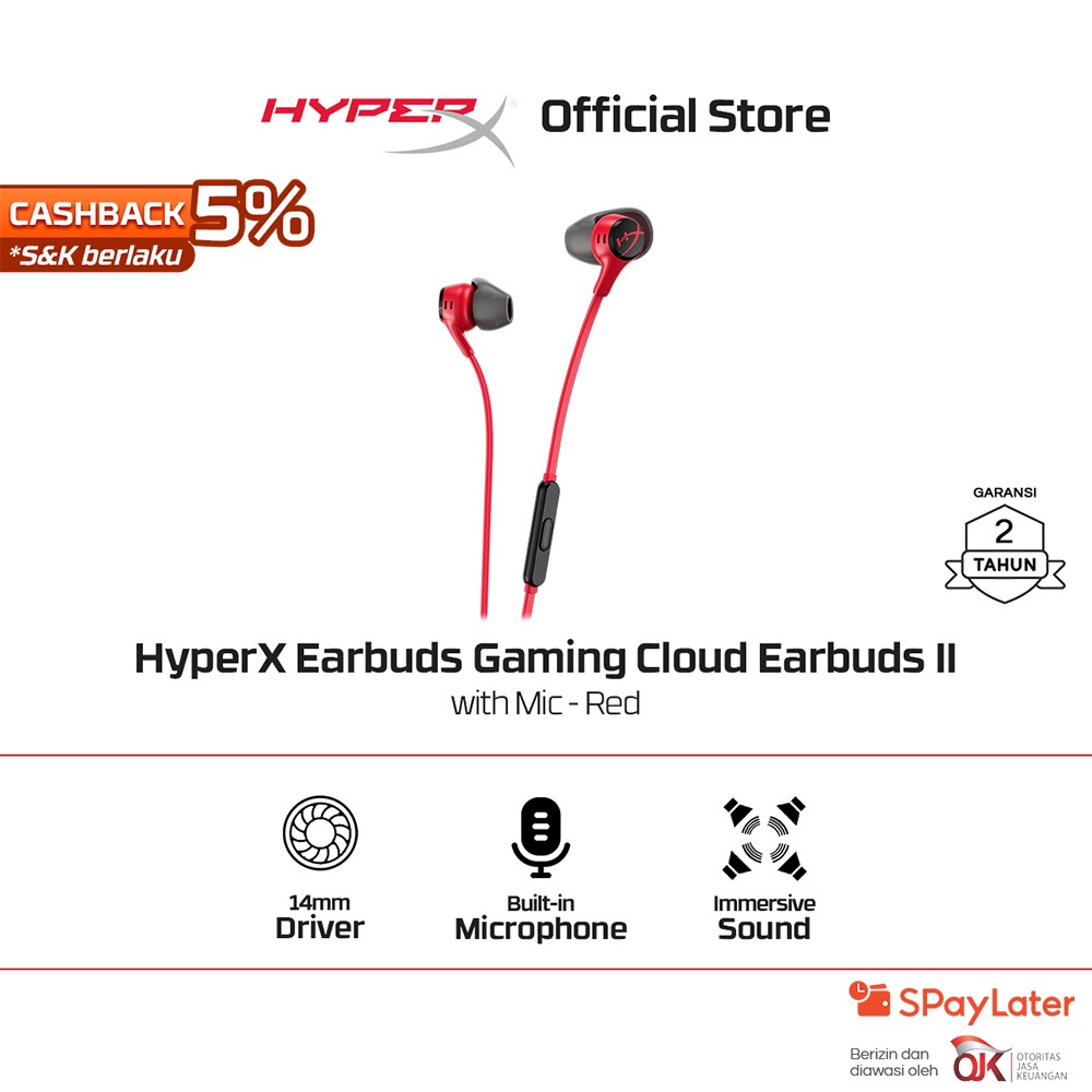 HyperX Earbuds Gaming Cloud II - Red Wired Noise Cancelling Stereo Bass Android iOS Non Bluetooth No
