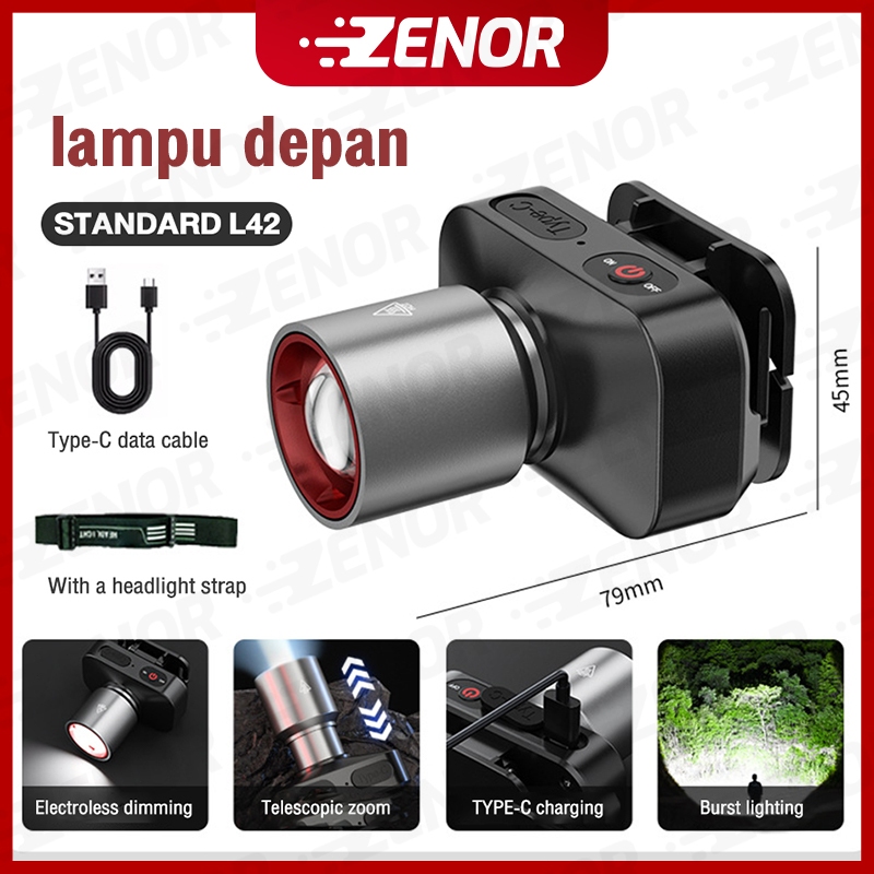Senter Kepala Super Terang Tahan Lama Headlamp Outdoor Zoom Senter Kepala Type C Rechargeable Lampu 