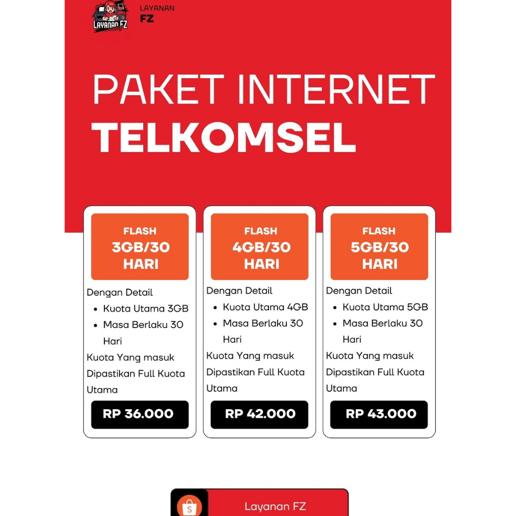 Paket Data Telkomsel Flash 3GB, 4GB, 5GB – Kuota Murah & Stabil - Cantumkan No HP/ID di Catatan