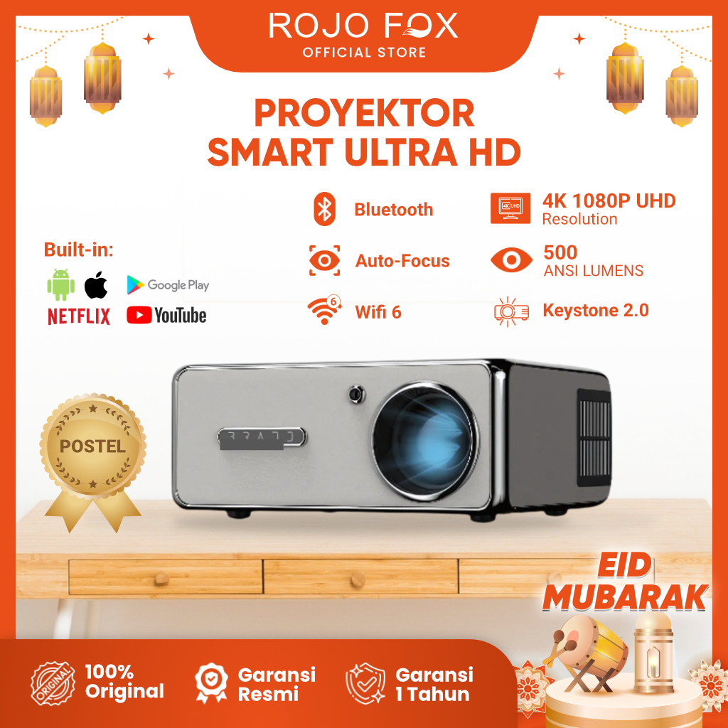 ROJO FOX Proyektor Android 4K Full HD YP530 Infocus LED Smart Proyektor Auto Focus Bluetooth 5.0 TV 