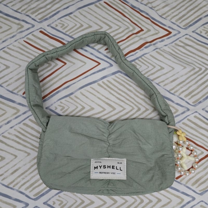 tas wanita habdbag korea myshell asli hijau nylon + bag charm gantungan kunci
