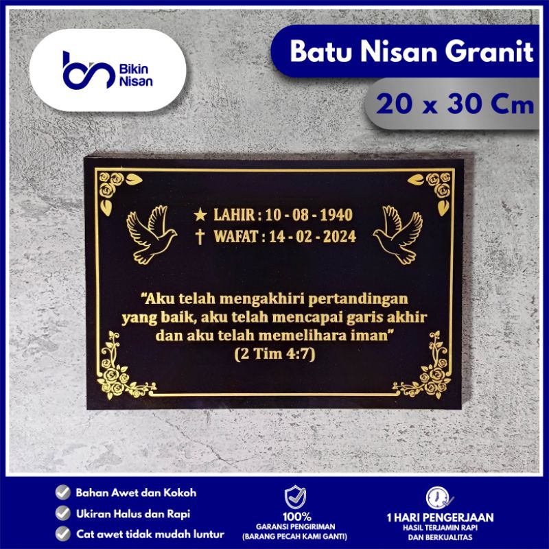 BATU NISAN KRISTENAN LEMPENGAN GRANIT UKIR / UKURAN 20 x 30cm / BATU NISAN MAKAM MURAH