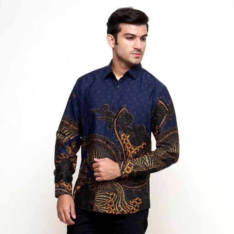 Kemeja Batik Pria Lengan Panjang Slimfit Premium / Baju Batik Warna Biru Navy Mewah