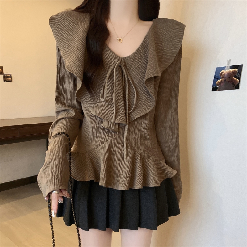 【MOOGU】 Blouse korea lengan panjang blus wanita atasan pendek