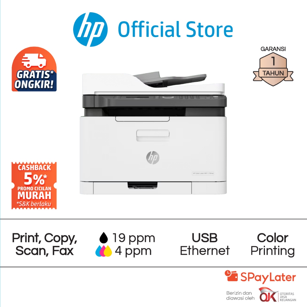 Printer HP Color Laser MFP 179fnw Print Copy Scan Fax Wifi Color Colour Warna Garansi 1 Tahun Promo 