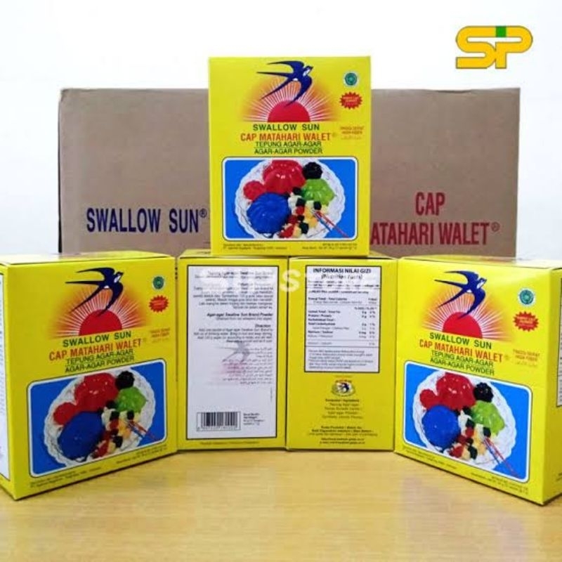 

1 BOX AGAR AGAR BUBUK SWALLOW SUN TEPUNG AGAR AGAR MURAH MERIAH KEMASAN BOX NETTO 12 PCS X 7 GR
