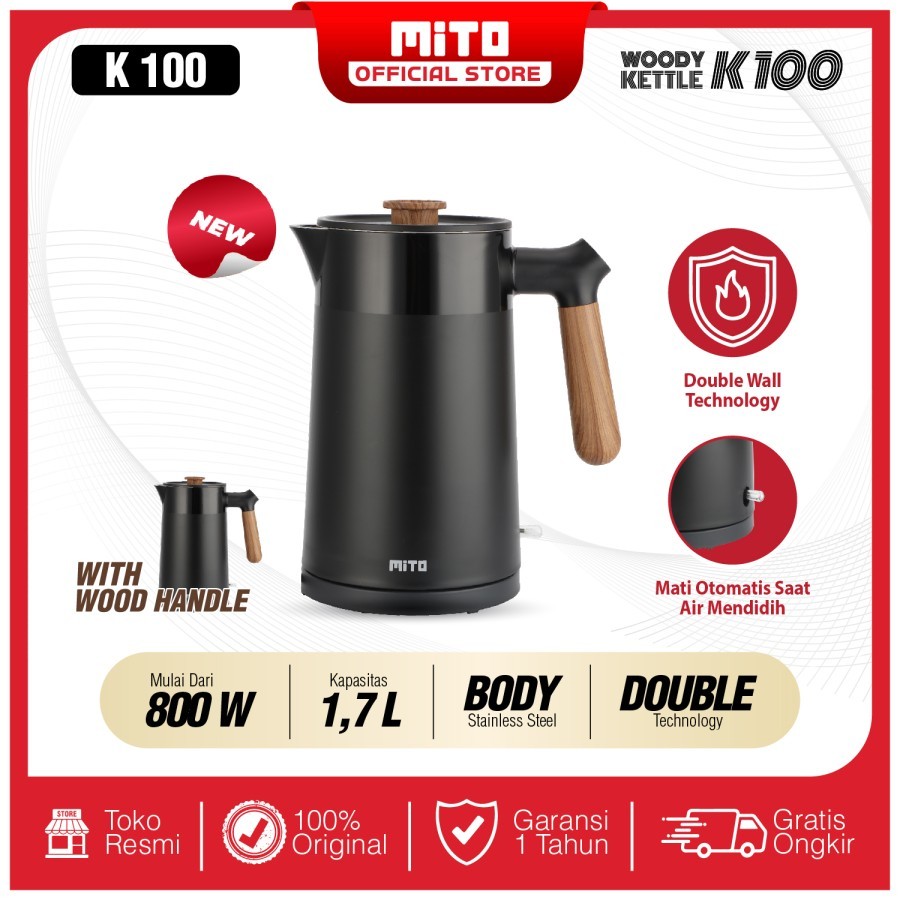 Teko Listrik Mito K100 1.7 Liter Low Watt Electric Kettle Pemanas Air Wood Series Stainless Steel 30