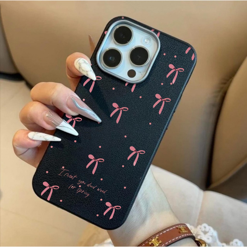 Case For IPHONE 7 PLUS X XS XR 11 12 13 14 15 I6 1 6 PRO MAX PROMAX Pink Bow Luxury Leather Silikon 