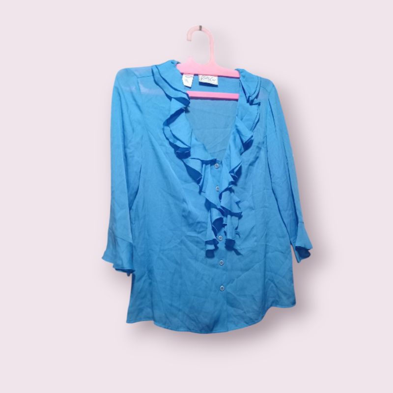 Blouse Cathy che V neck Blue atasan blus branded wanita