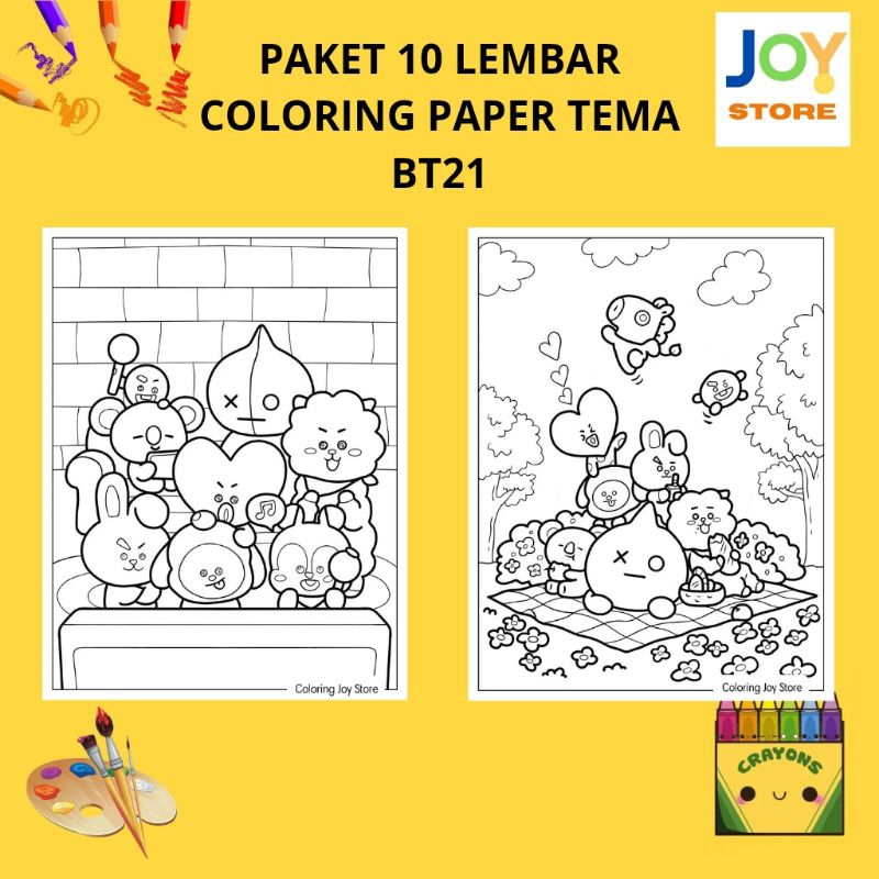 

PAKET 10 Lembar Kertas Gambar Mewarnai Tema BT21 Cute Ukuran A4 150 gsm - Coloring Paper 051