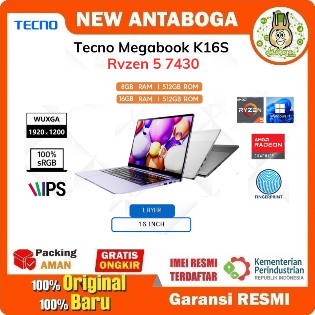 Tecno Megabook K16S AMD Ryzen 5 7430 Garansi Resmi