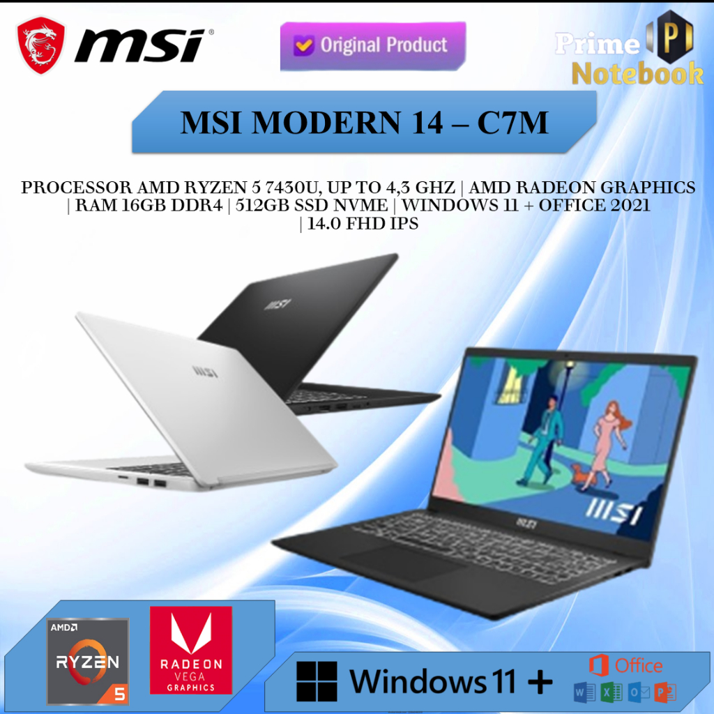 MSI Modern 14 Ryzen 5 7430 16GB 512GB Windows 11+ Office 2021 14.0FHD IPS