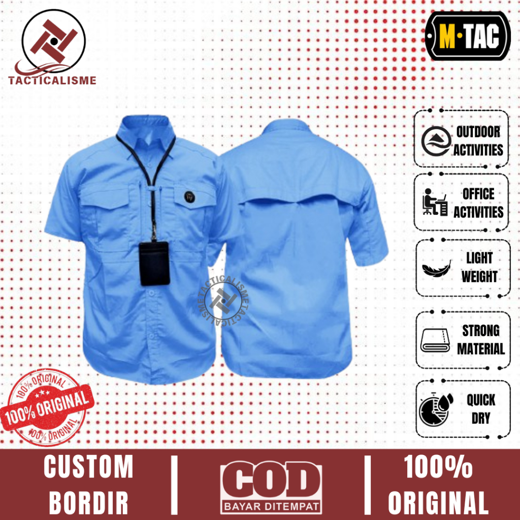Kemeja Pria Tactical M tac Lengan Pendek Biru Muda Bahan American Drill Baju Kerja Lapangan