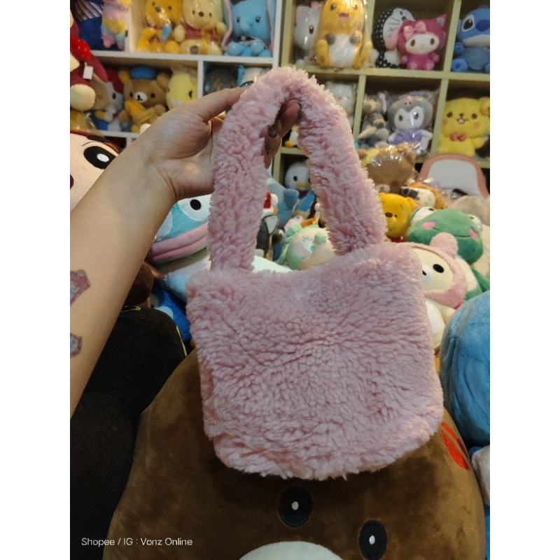 TAS PESTA TAS TENTENG BULU DUSTY PINK