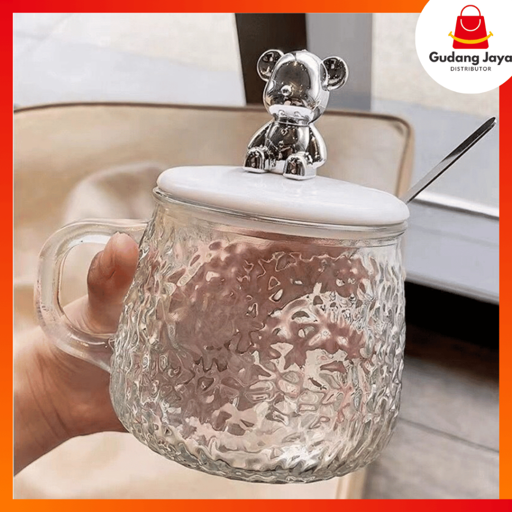 MUG KACA BERUANG + TUTUP / MUG CANGKIR KACA / CANGKIR UNIK LUCU