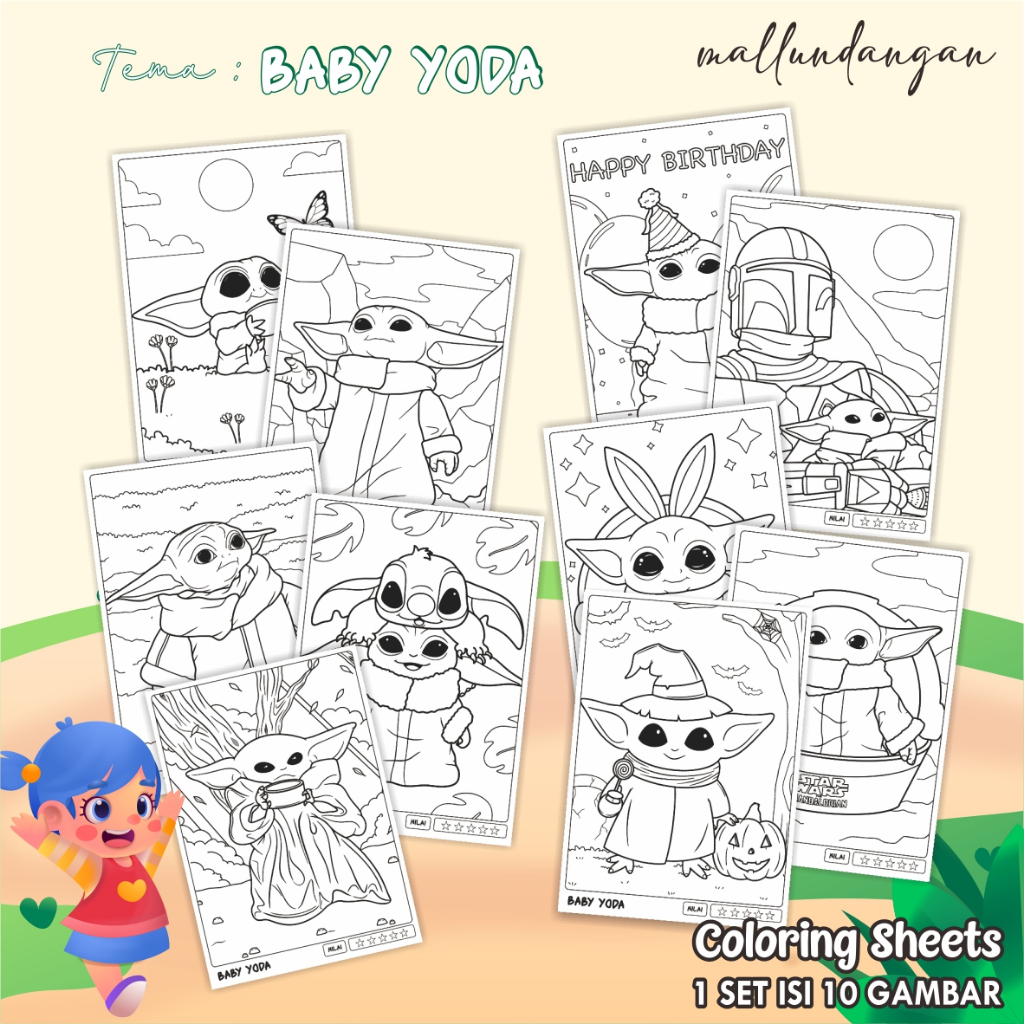 

LEMBARAN MEWARNAI ANAK A4 - KERTAS GAMBAR UNTUK ANAK TEMA BABY YODA - PAPER COLORING SHEETS FOR KIDS