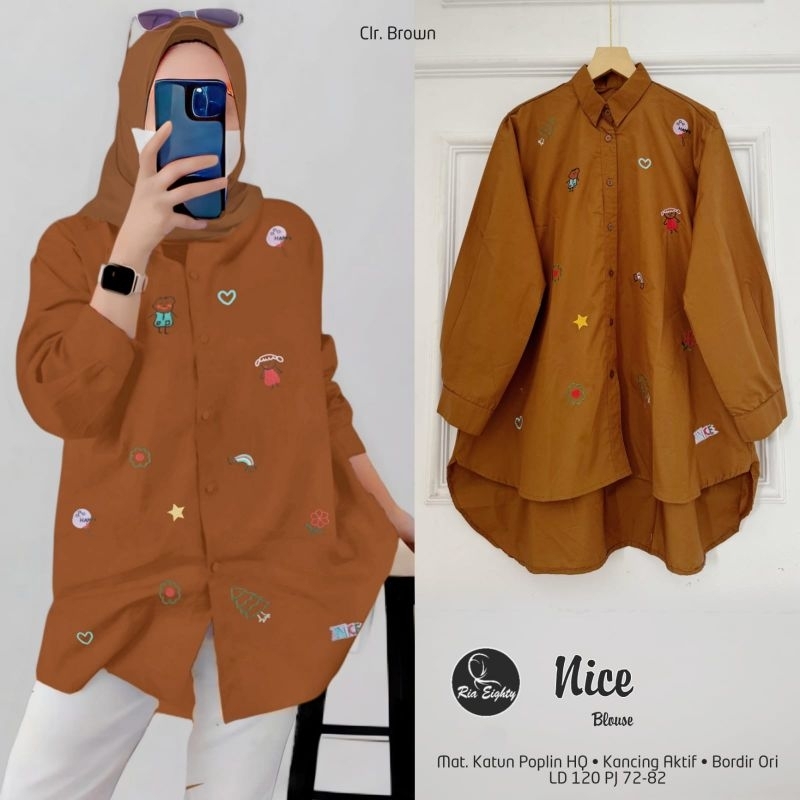 NICE BLOUSE / KEMEJA ATASAN BLUS JUMBO WANITA / MATT POPLIN APP BORDIR / KANCING DEPAN AKTIF