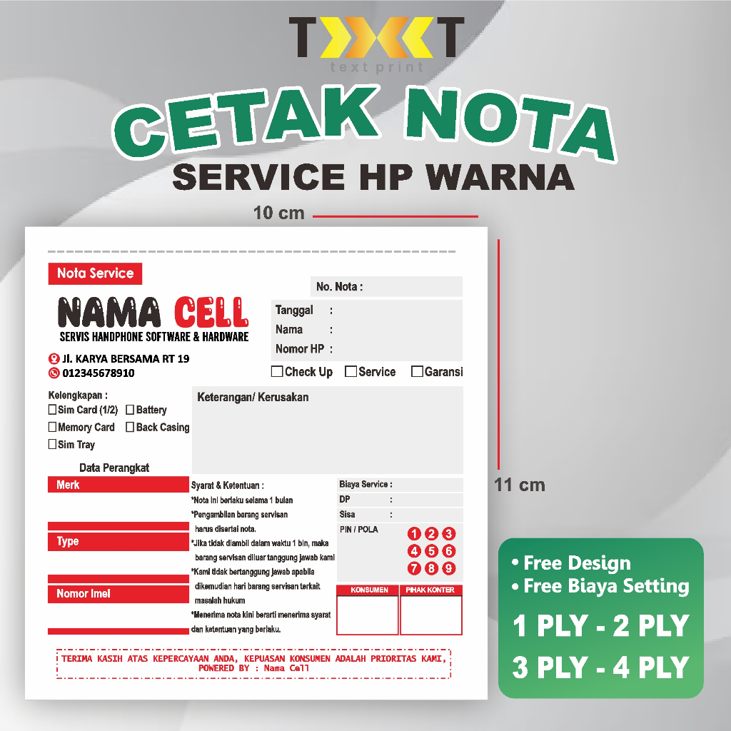 

TERMURAH CETAK NOTA SERVICE HP FULL WARNA CUSTOM UKURAN 1/6 FOLIO