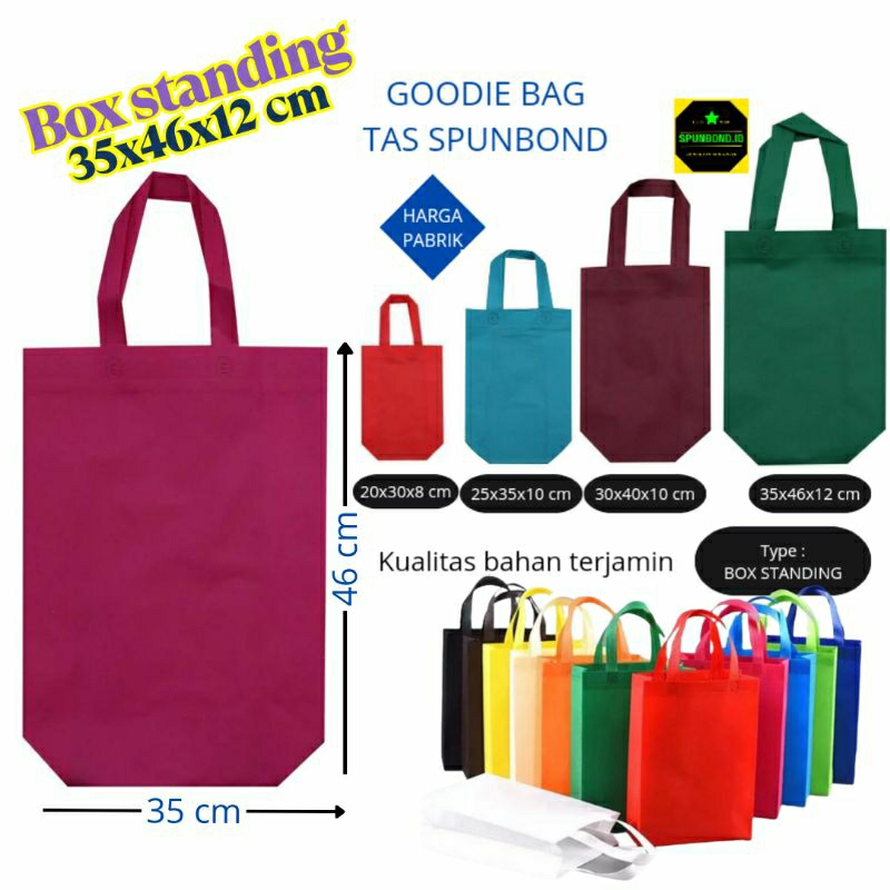 

( 12 pcs) Goodie Bag tas spunbond BOX STANDING size jumbo (35x46x12 cm) ,besar (30x40x10cm) ,sedang (25x35x10cm),kecil (20x30x9cm)