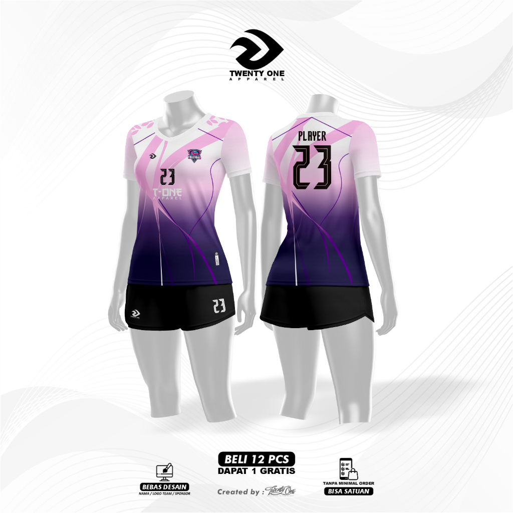 Baju Kaos Jersey Volley Voli Wanita Custom Nama Logo Tim Sponsor Full Print